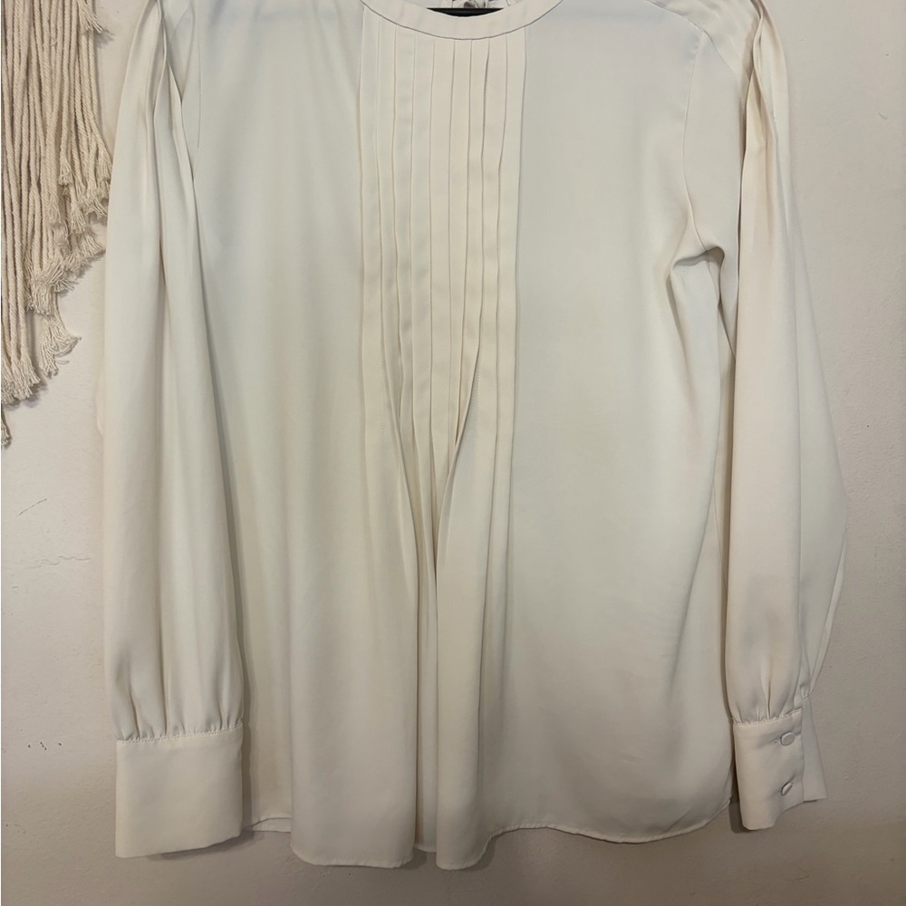 Ann Taylor Cream Pleated Front Long-Sleeve Blouse
